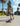 Skater in strada di una città marittima con palme